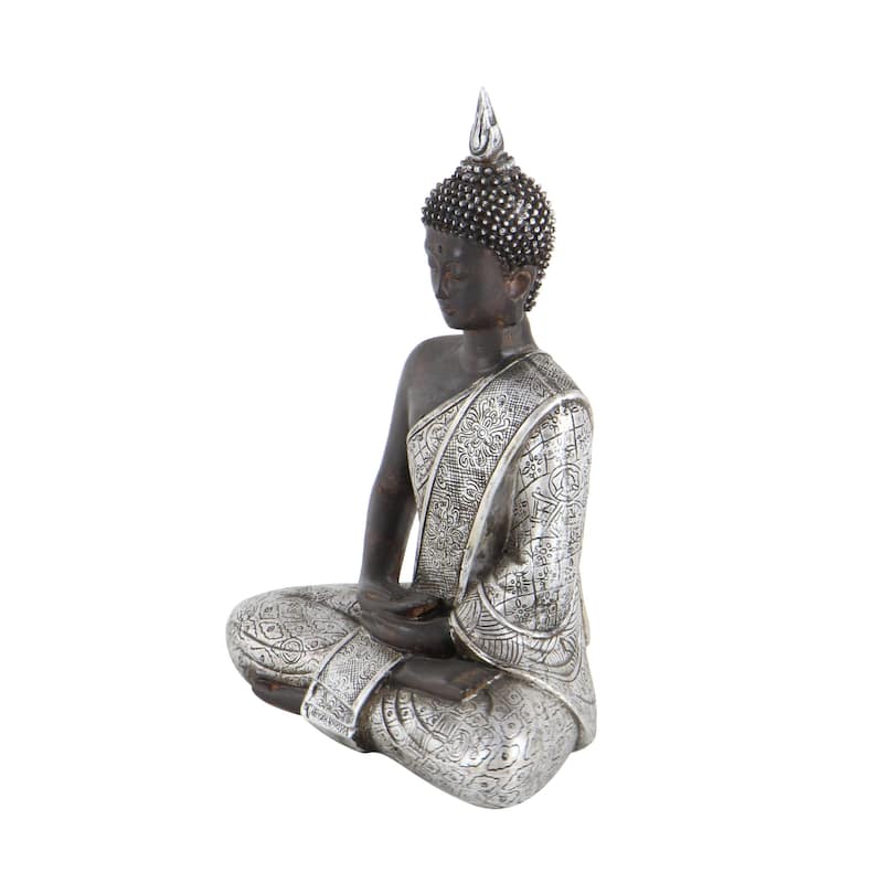 Silver Polystone Meditating Buddha Decorative Sculpture with Engraved Carvings and Relief Detailing