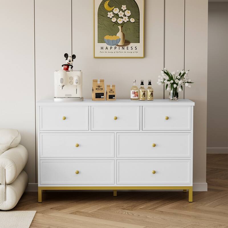 47" White Wooden Dresser With 7 Deep Drawers & Metal Handles