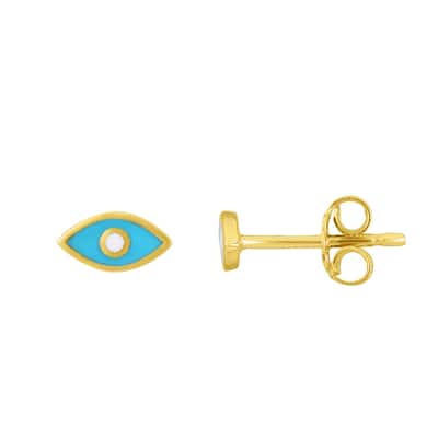 Curata 14k Yellow Gold 7.5x3.9mm Light Blue Enamel Evil Eye Stud Earrings