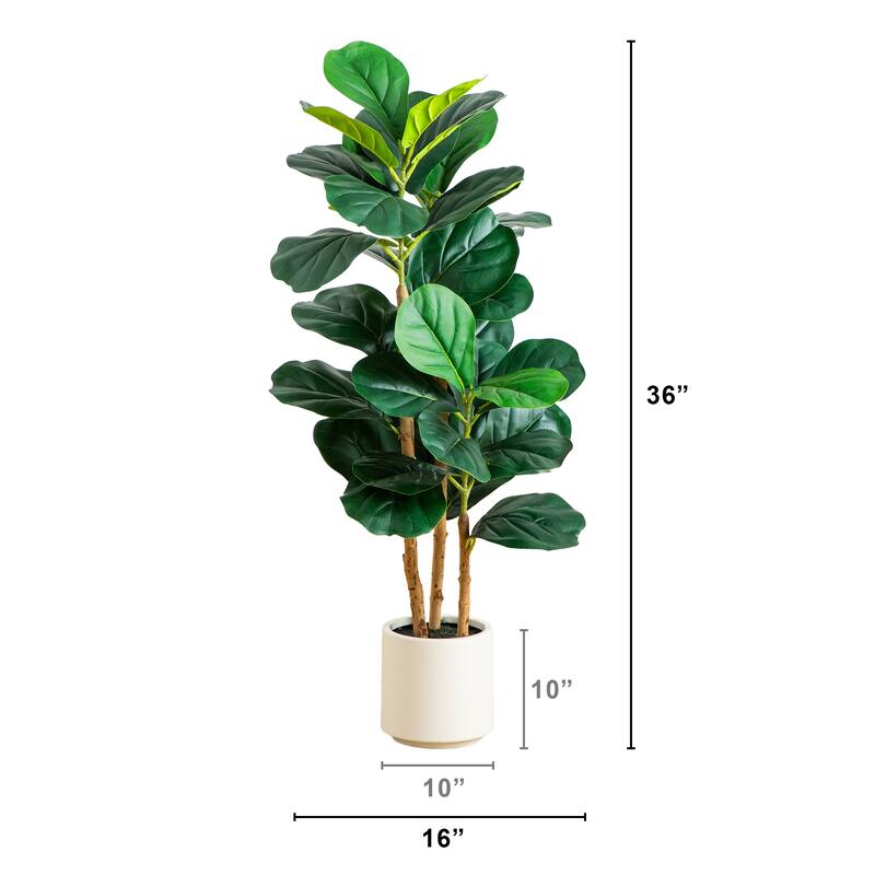 3-ft Artificial Fiddle Leaf Tree in Decorative White Planter - Green