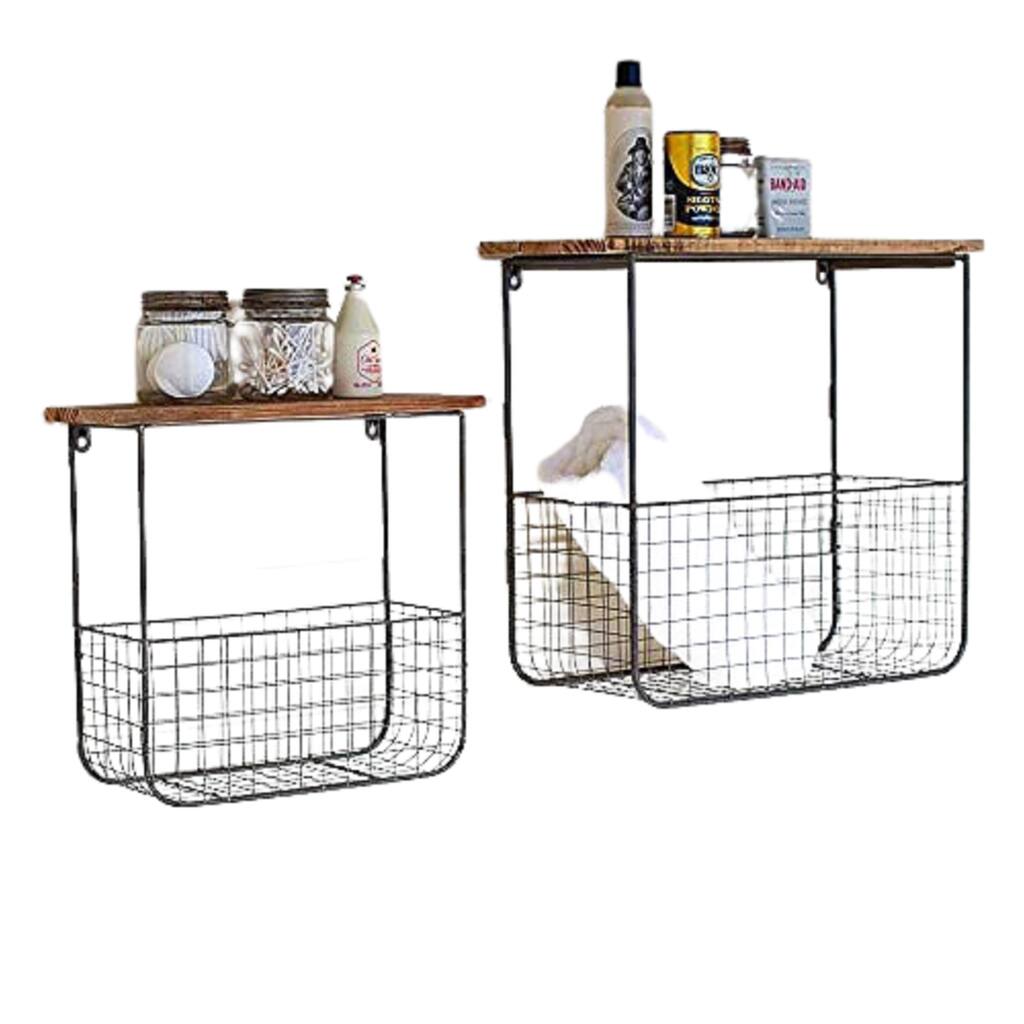 Wire Basket Shelves Recycled Wood Tops Set of 2 - Wall Mounted Shelves - large 20" x 9" x 19"t