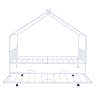 Full Size Metal House Bed with Twin Size Trundle & Slats, Kids Bed Frame with Headboard & Footboard, for Kids Girls Boys, White