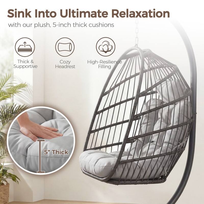 Oversized Wicker Hanging Egg Chair with Stand, Outdoor Indoor Swing Chair with Cushion, 350 lb Capacity