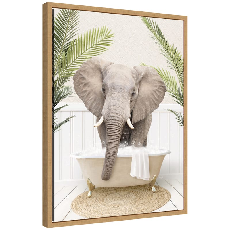 Kate and Laurel Sylvie Elephant Front Palm Bathtub Framed Canvas by Amy Peterson - Natural