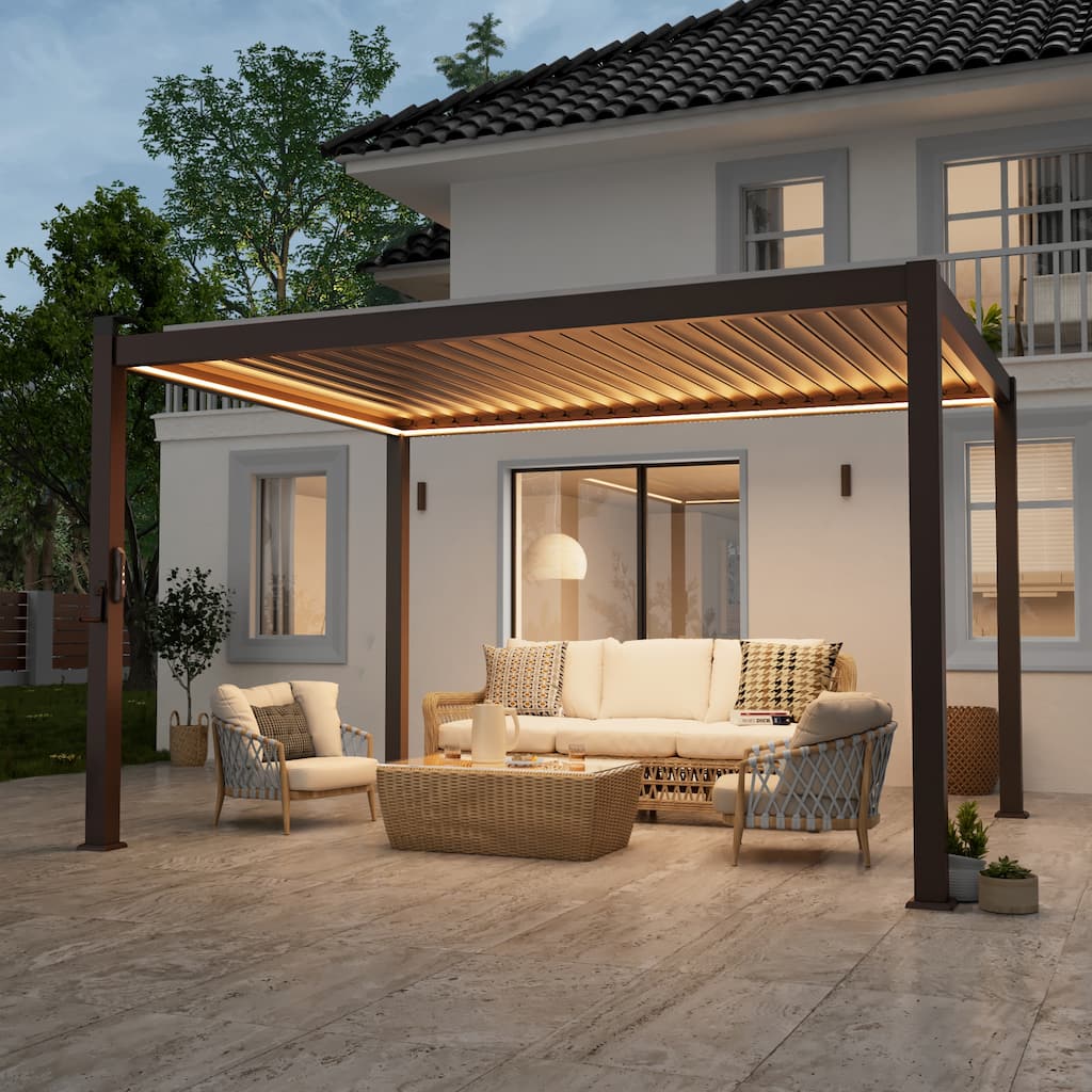 Outdoor Aluminized Steel Pergola, Modern Style with Adjustable Louvers and Concealed Water Drainage System