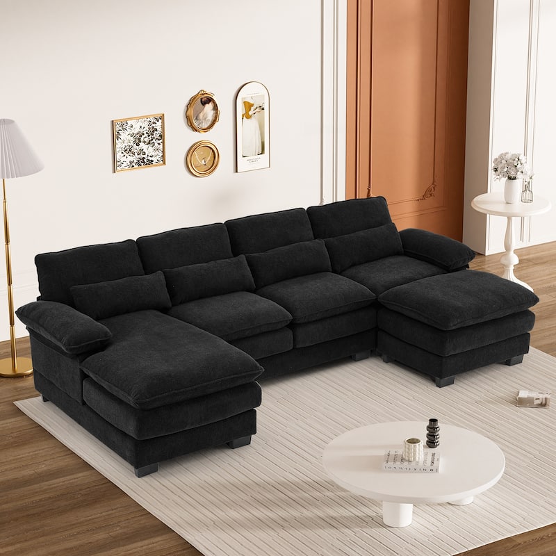 Ouyessir Soft Chenille Fabric U-shaped Sectional Sofa Set with Doudle Layer Cushion - Black