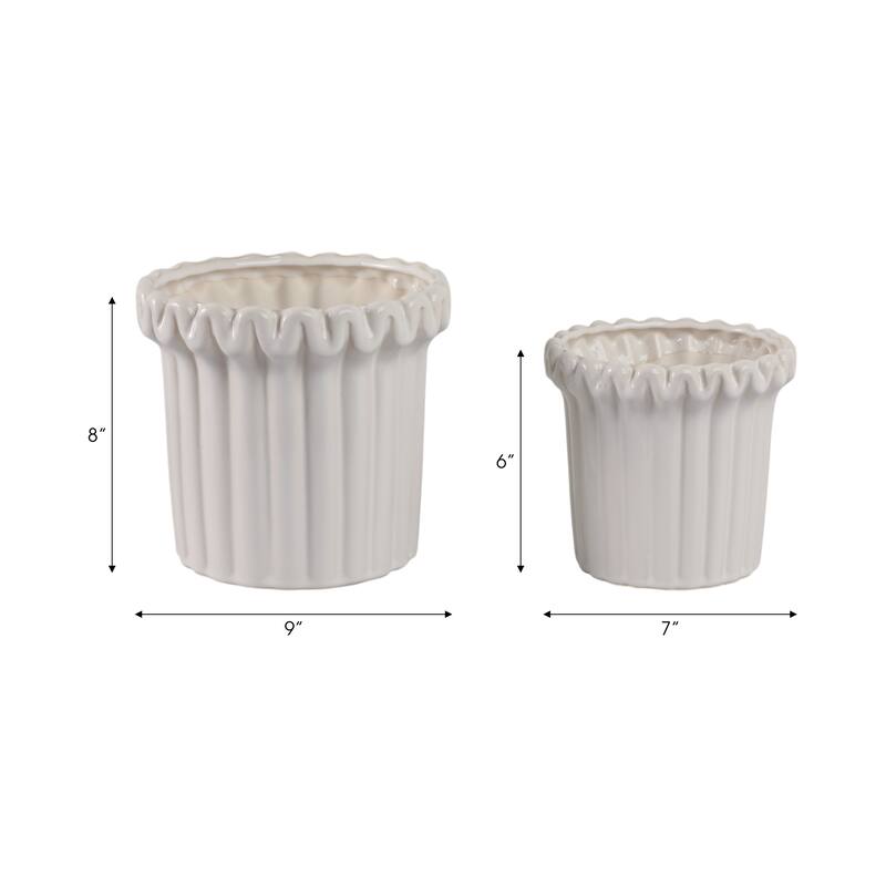 Stoneware Planter Sculpted Rim and Vertical Ridged Texture (Set of 2) - 8.5" x 8.5" x 8.75"