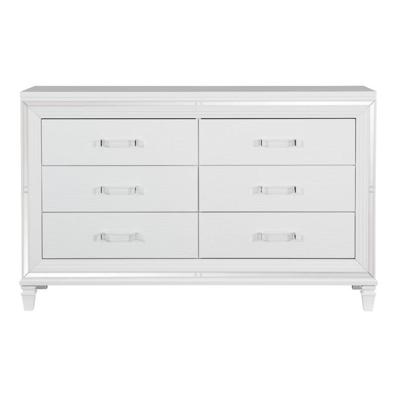 Textured Front 6 Drawer Dresser with Beveled Mirror Trim, White