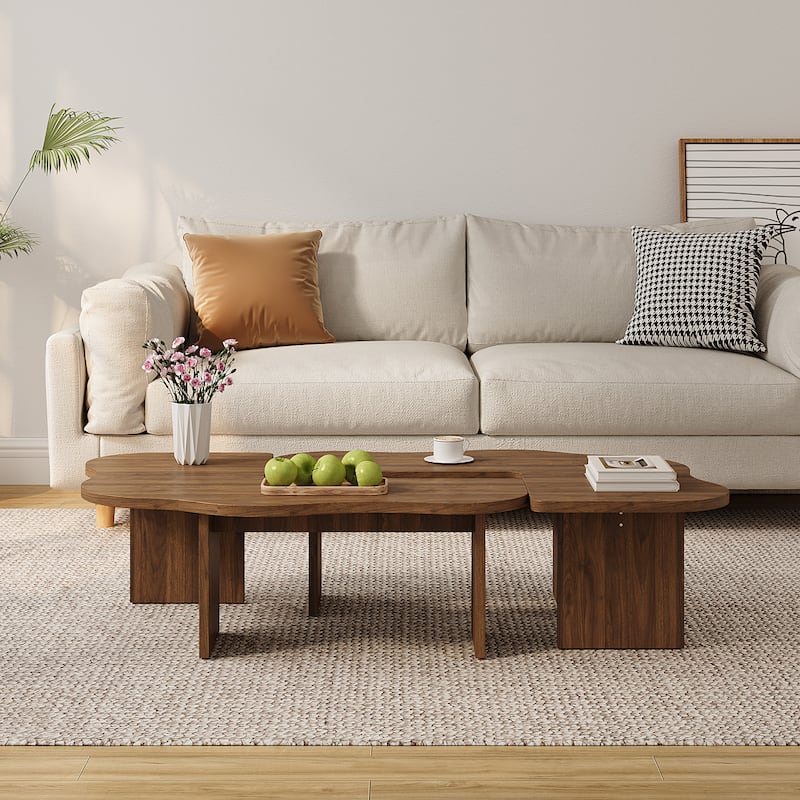 Mid-Century Modern Irregular Cloud 2-Piece Modular Coffee Table - Brown Wood, Living Room Center Table