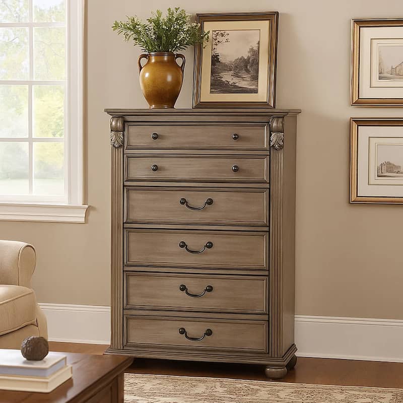 Aza 51 Inch Classic 5 Drawer Tall Dresser Chest, Metal Drop Handles, Gold - Champagne, Gold - 5-drawer