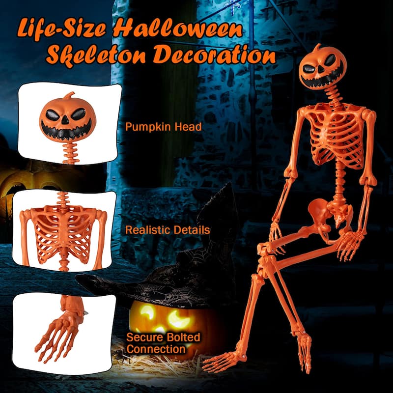 5.2 Ft Life-Size Posable Skeleton Halloween Orange Skeleton Decoration