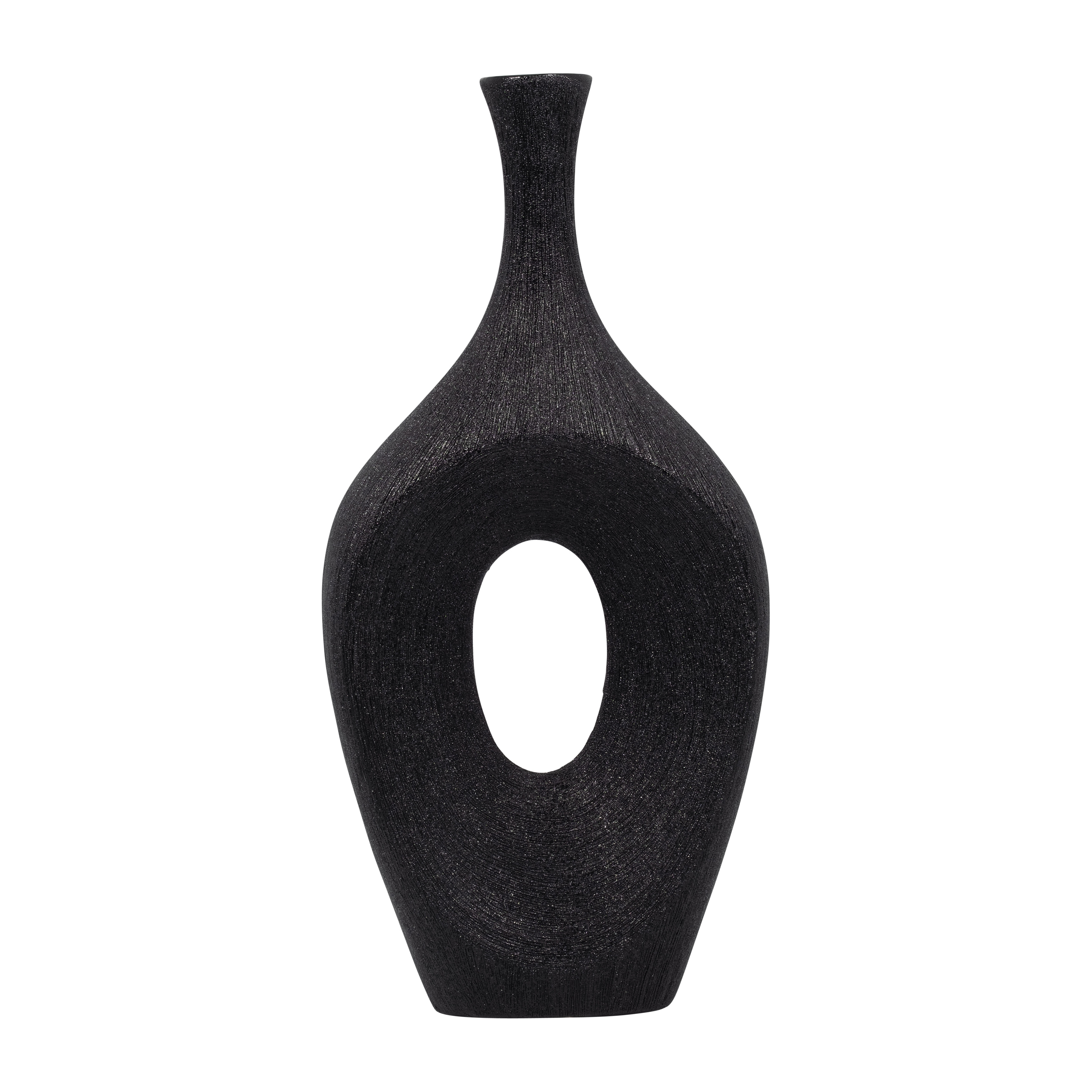 Ceramic Oval Scratched Open Cut Vase - Black, 19"