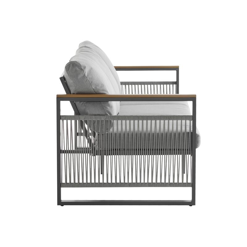 4-Pieces Outdoor Metal Patio Furniture Set, 5-Seat Patio Furniture Sofa Set with Cushion and Coffee Table, 3-Seater Sofa