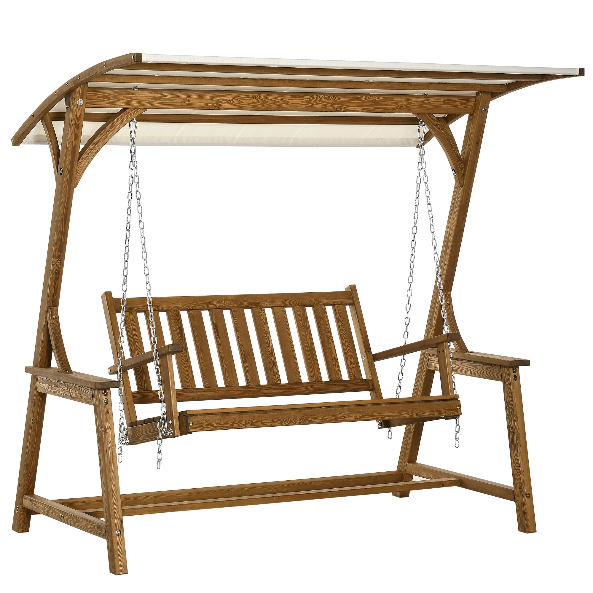 Outsunny 2 Seater Porch Swing with Canopy Wooden Patio Swing Chair Outdoor Swing Seat Loveseat White