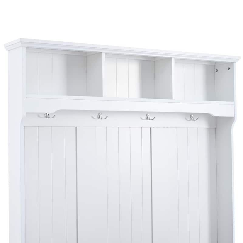 Roomfitters Hall Tree with Shutter Doors, Entryway Bench with Cushion, Hooks and Storage Organizer
