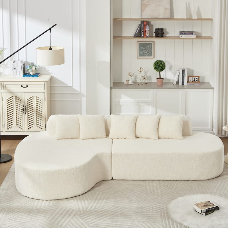 L-Shape Boneless Couch for Living Room, Curved Sectional Sofa Memory Foam Floor Sofa with 5 Pillows - White