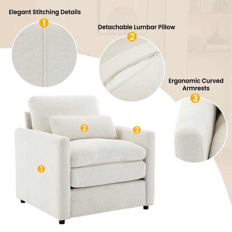 31.9" Beige Chenille Upholstered Armchair with Double Cushion and Ergonomic Design