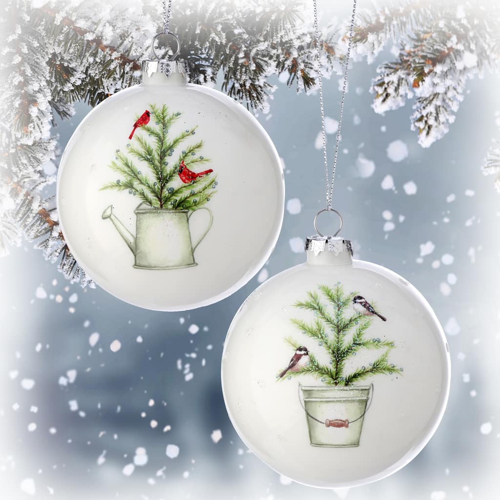 5" Glass Birds On Tree Disk Ornament Set of 2