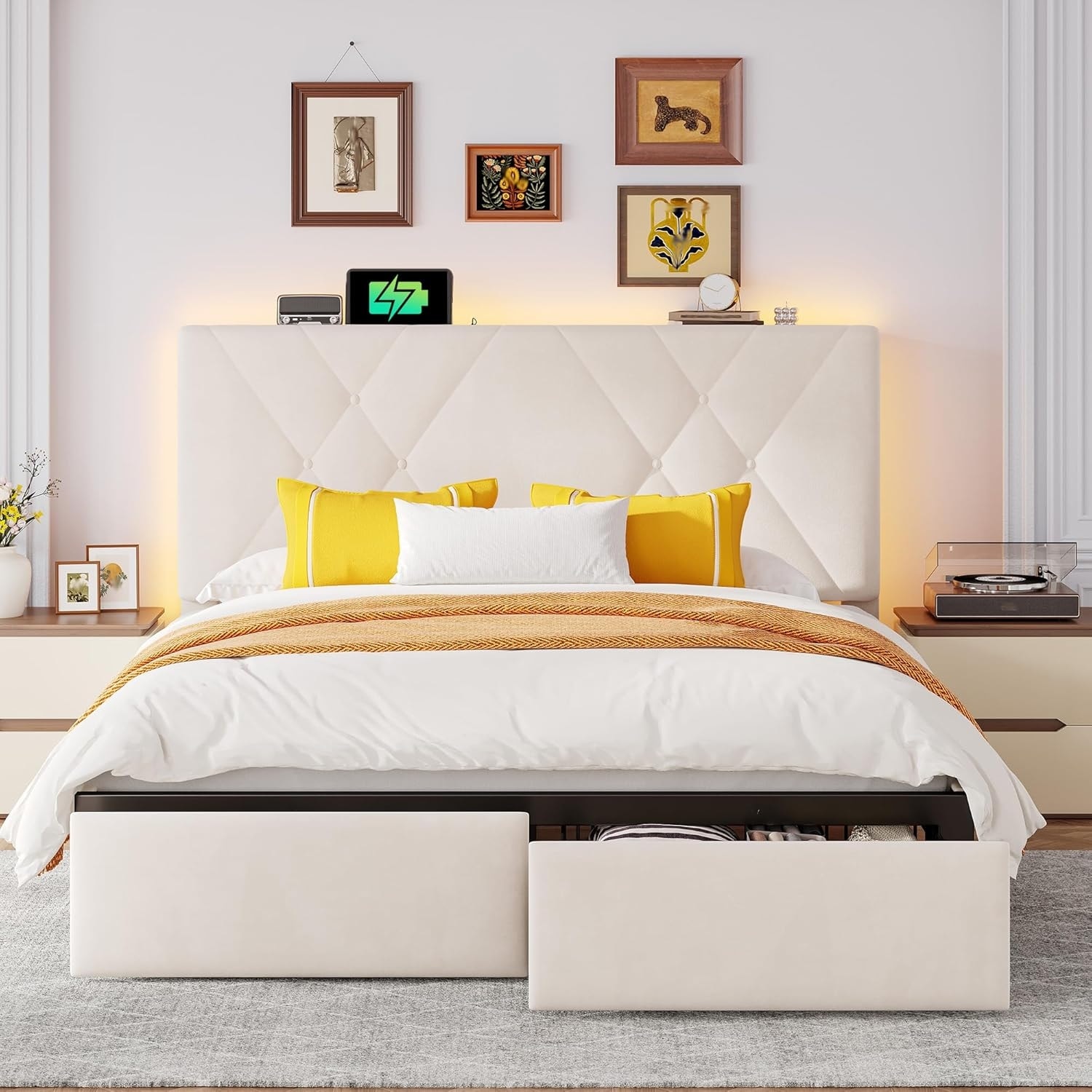 Queen Size Platform Bed with Storage Headboard, LED Lights & Charging Station, No Box Spring Needed