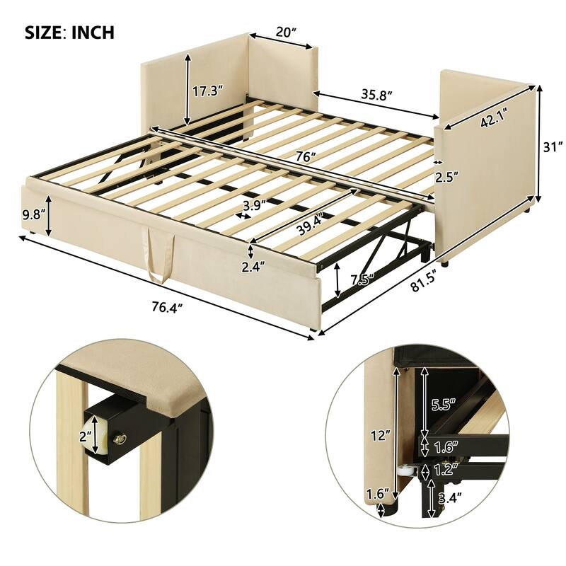Velvet Upholstered Twin Daybed with Pop-Up Trundle, Expandable to King Size, No Box Spring Needed