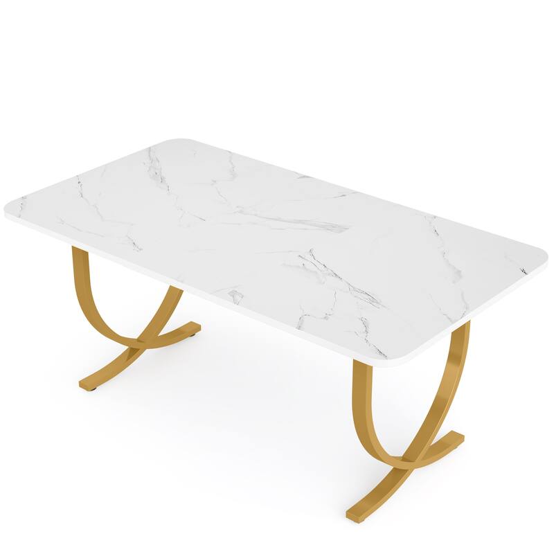 63" Executive Office Desk Modern White & Gold Computer Desk with Faux Marble Tabletop