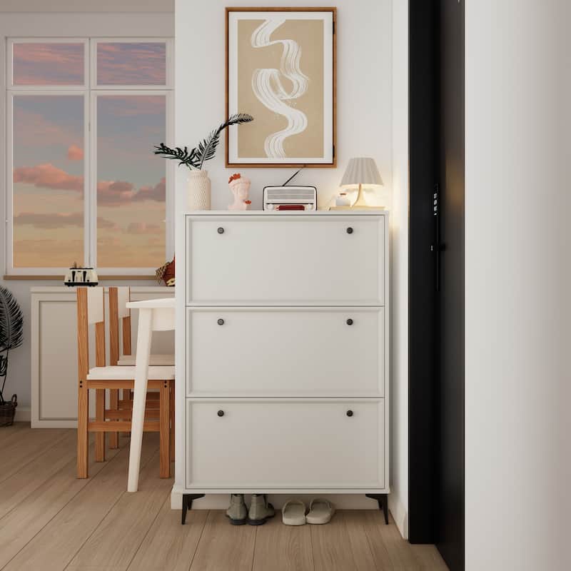 Modern and stylish white shoe cabinet with 3 flip drawers, entrance shoe cabinet, narrow shoe rack cabinet, hidden shoe