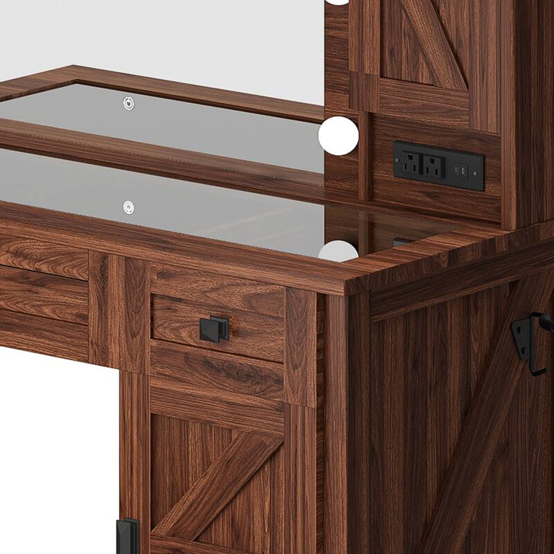 Moasis Farmhouse Makeup Vanity Desk Set with Mirror and Lights, Charging Station and Storage Stool