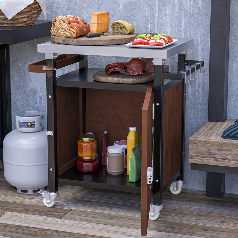 Anmytek Stainless Steel Mobile Kitchen Cart with Enclosed Cabinet Outdoor Prep Station for Picnic and BBQ