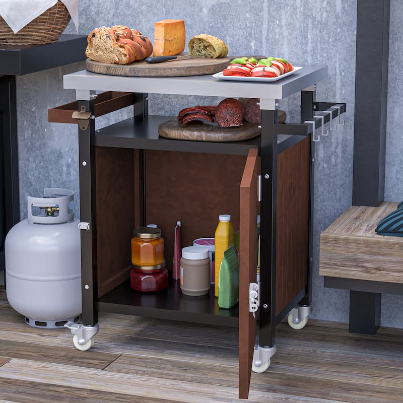 Outdoor Grill Cart with Stainless Steel Tabletop - Movable BBQ Table with Storage, Wheels, Hooks & Spice Rack
