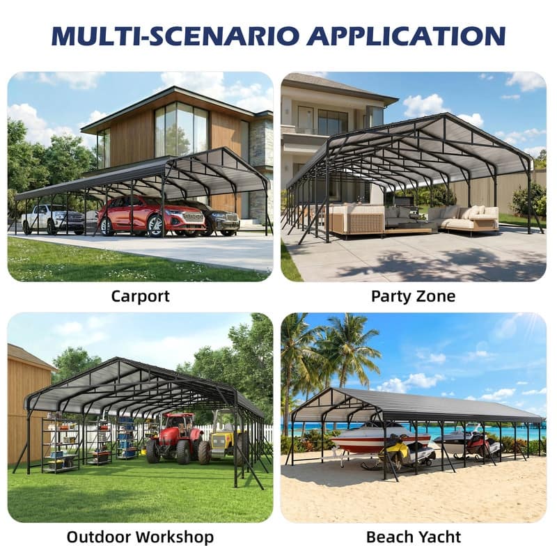 Erommy Outdoor Carport with Galvanized Steel Roof, Heavy-Duty All-Weather Shelter for Cars, Boats and Equipment