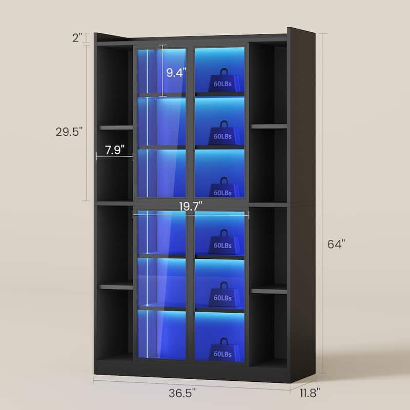 Display Cabinet Glass Doors 6 Tier Tall Bookcase LED Lights Curio Cabinet Adjustable Shelves
