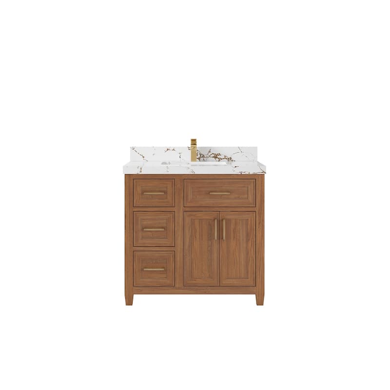 Willow Collections 36 in. W x 22 in. D Santa Monica Teak Bathroom Vanity Center with Countertop - 2"Viola Gold - Dark Natural Teak