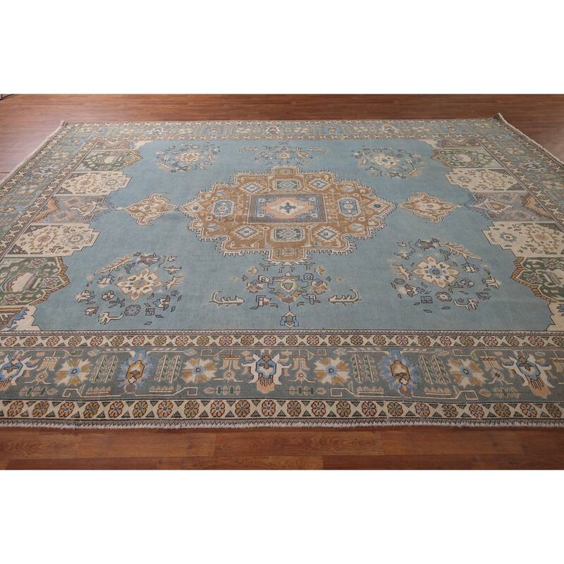Light Blue Geometric Tabriz Persian Vintage Rug Handmade Wool Carpet - 9'7"x 12'8"