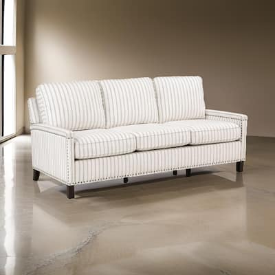 Claire 78 Inch Sofa, Beige, Gray Polyester Pinstripes, Cushions, Solid Wood