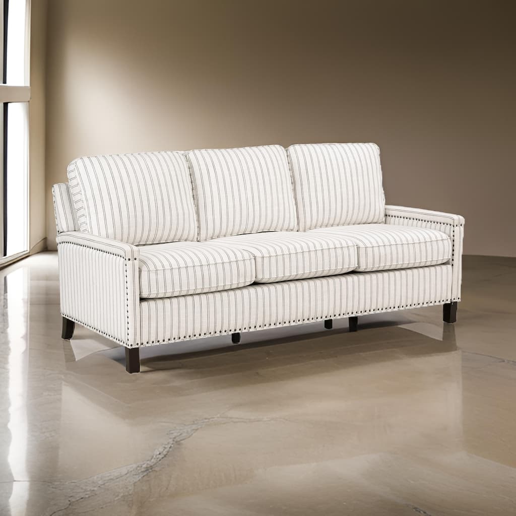 Claire 78 Inch Sofa, Beige, Gray Polyester Pinstripes, Cushions, Solid Wood