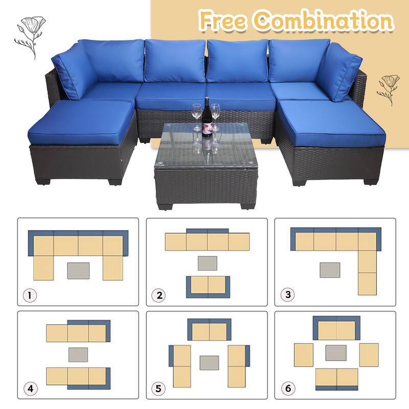 7 Piece Outdoor Furniture Set, All-Weather Garden Conversation Set, Outdoor Sectional Sofa with Coffee Table and Cushions