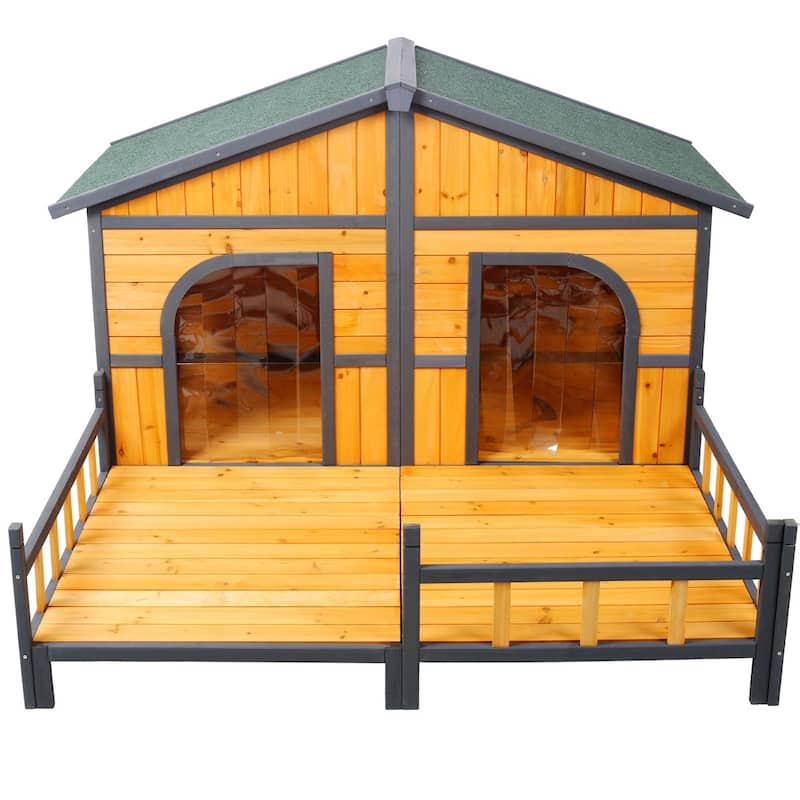 Wooden Outdoor XL Dog House with Porch, Weatherproof Raised Kennel - Brown
