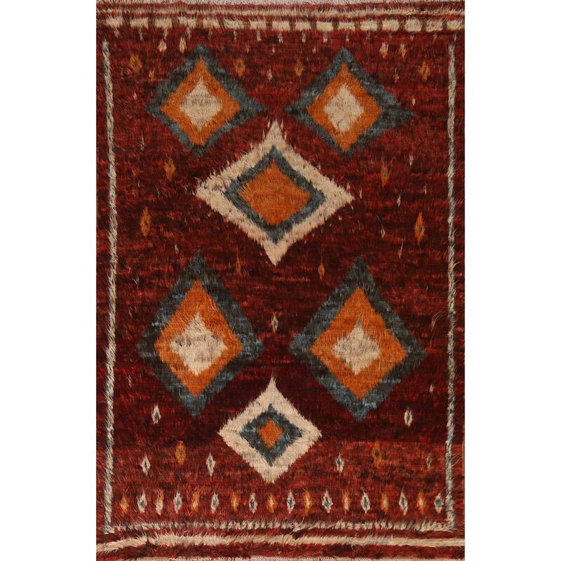 Hand Knotted Oriental 100% Wool Carpet Modern Tribal Red Moroccan Area Rug - 8' 9'' X 6' 4''