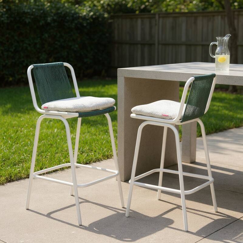 HomeRoots Set of Two White and Green Woven Back And Aluminum Counter Height Bar Chairs - Green/White
