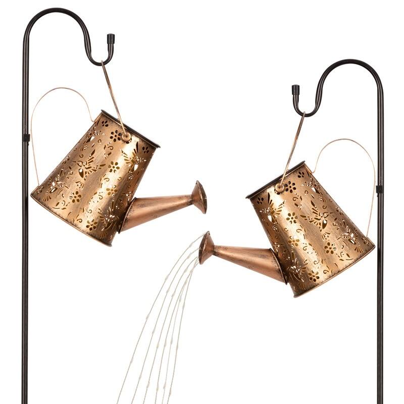 Solar Watering Can with Lights for Outdoor Garden Decor, Waterproof Landscape Lights, 2 Pack - Gold