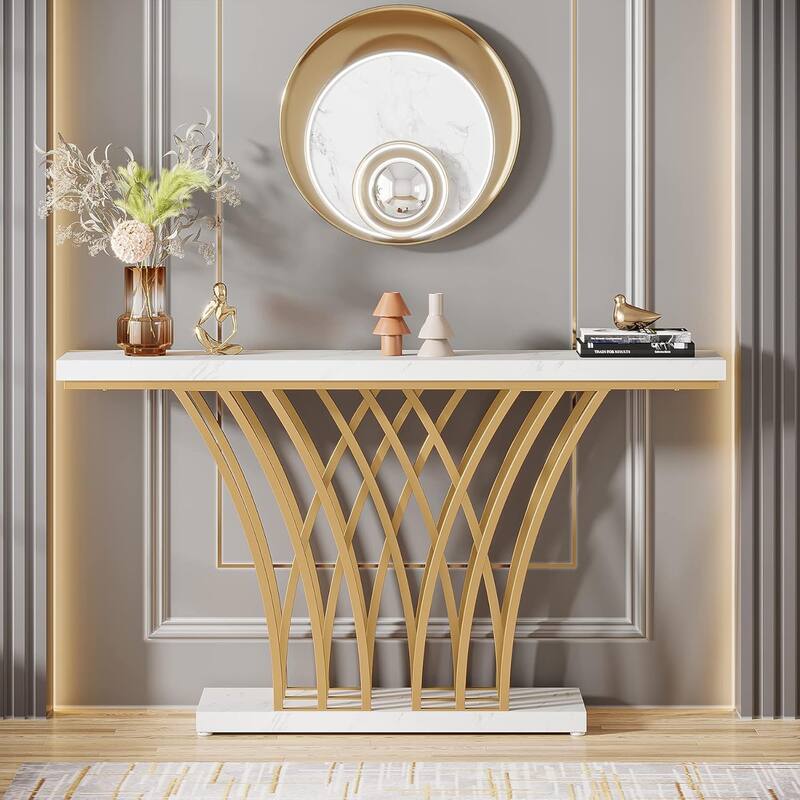 59" Gold Console Table, Modern Faux Marble Entryway Table with Grid Metal Base, Narrow Accent Sofa Table for Living Room - White+Gold