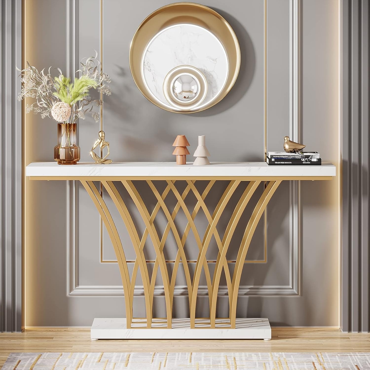 59" Modern Faux Marble Entryway Console Table with Grid Metal Base for Living Room, Hallway, Foyer