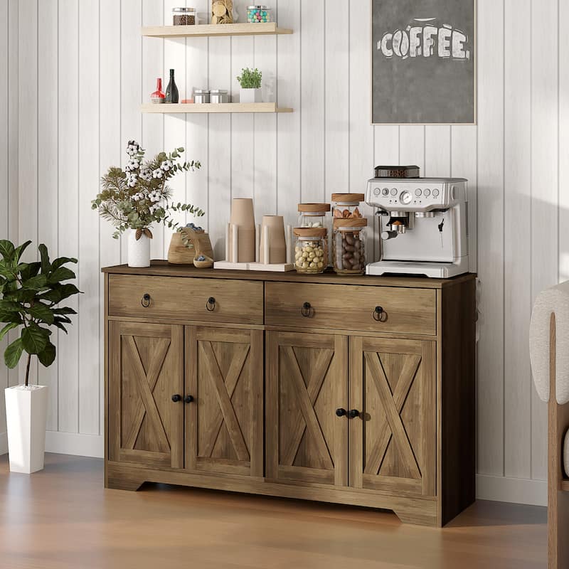 HOMCOM Sideboard, Buffet Cabinet with 2 Drawers, 2Storage Cabinets, 4 Barn-Style Doors and Adjustable Shelves, White - Light Brown