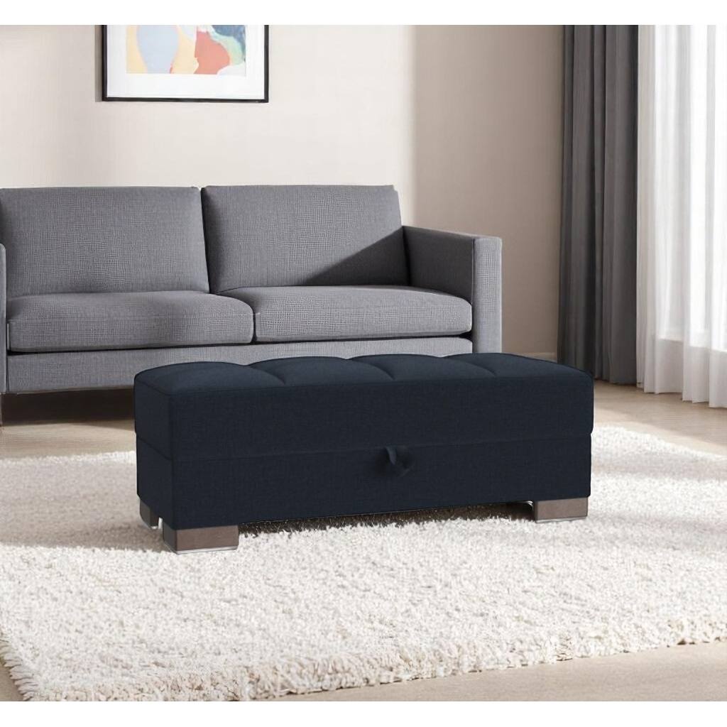 HomeRoots 52" Dark Blue and Brown Chenille Tufted Storage Ottoman