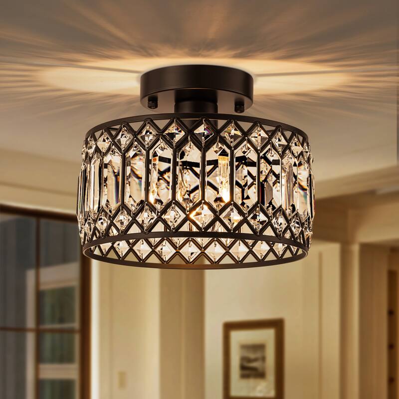 Starsky Luxury Crystal Drum Dimmable Semi Flush Mount Light