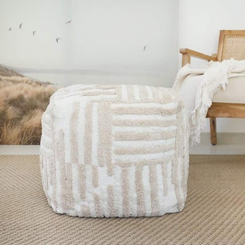 Striped Square Pouf Ottoman - 18" - Beige and Ivory