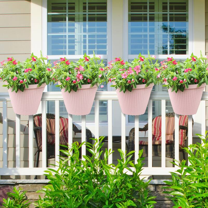 Aoodor 12'' Balcony Rattan Pattern Railing Planter Box with Drainage Holes and Adjustable Brackets-Set of 4 - 12''×11''