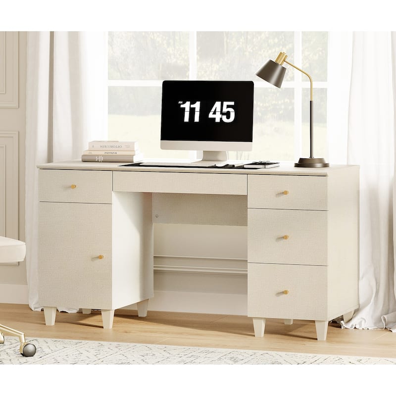 WAMPAT Home Office Furniture Set, 58" Executive Desk with Cabinet, 3-Column 71" Tall Bookcase with Doors and Adjustable Shelves