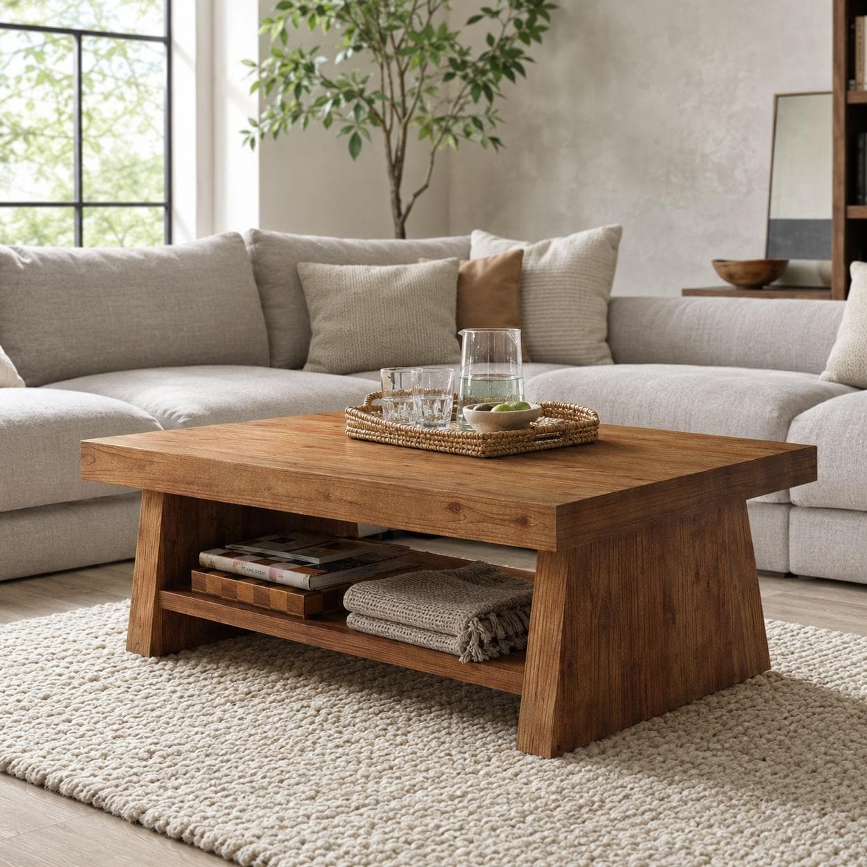 2-Tier Solid Wood Coffee Table with Full-Length Storage Shelf - 47.24" W × 23.62" D × 19.69" H