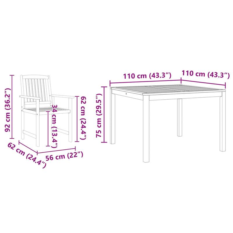 vidaXL Outdoor Dining Set Set of 3 Brown Solid Acacia Wood 2-Seater - 43.3 x 43.3 x 29.5